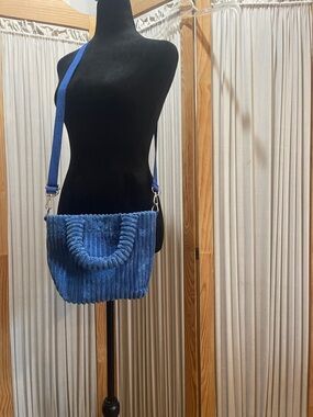 Blue Ribbed Corduroy Shoulder Tote Bag - Women